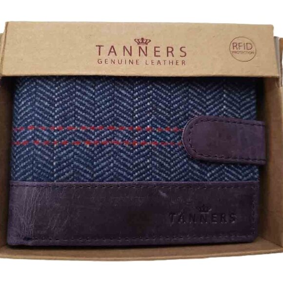 Tanners Herringbone Wool Tweed and Leather Bifold Wallet Blue Brown RFID Men's - Picture 3 of 4